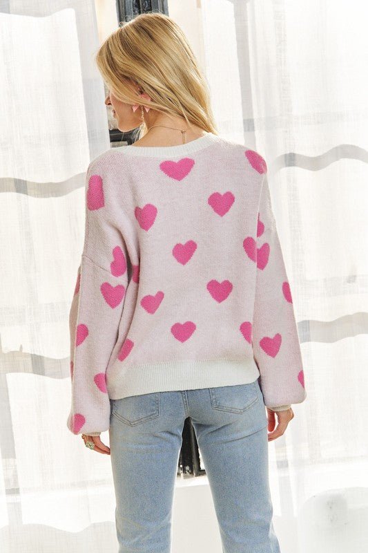 ADORA Heart Round Neck Drop Shoulder Sweater - Bold Rose Boutique