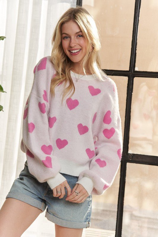 ADORA Heart Round Neck Drop Shoulder Sweater - Bold Rose Boutique