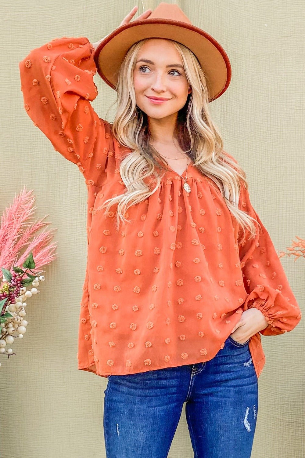 And The Why Swiss Dot V Neck Balloon Sleeve Woven Blouse - Bold Rose Boutique