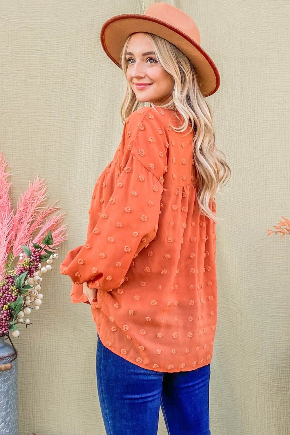 And The Why Swiss Dot V Neck Balloon Sleeve Woven Blouse - Bold Rose Boutique