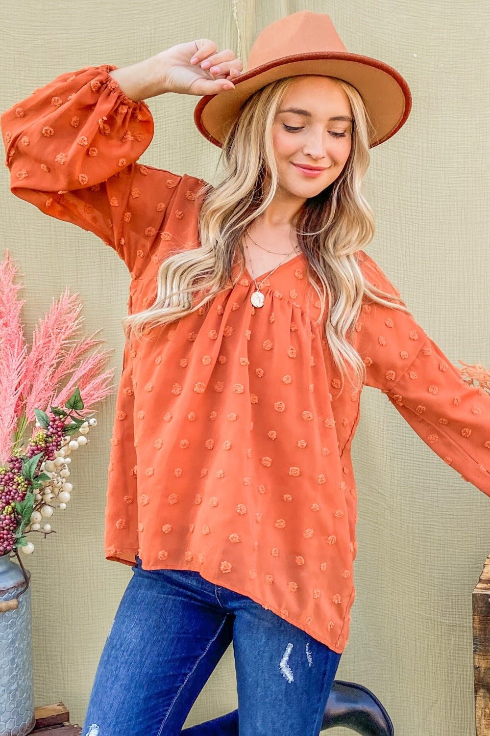 And The Why Swiss Dot V Neck Balloon Sleeve Woven Blouse - Bold Rose Boutique