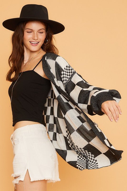 Annie Wear Checkered Open Front Drop Shoulder Cardigan - Bold Rose Boutique