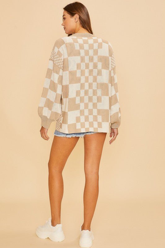 Annie Wear Checkered Open Front Drop Shoulder Cardigan - Bold Rose Boutique