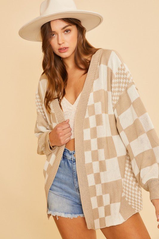 Annie Wear Checkered Open Front Drop Shoulder Cardigan - Bold Rose Boutique