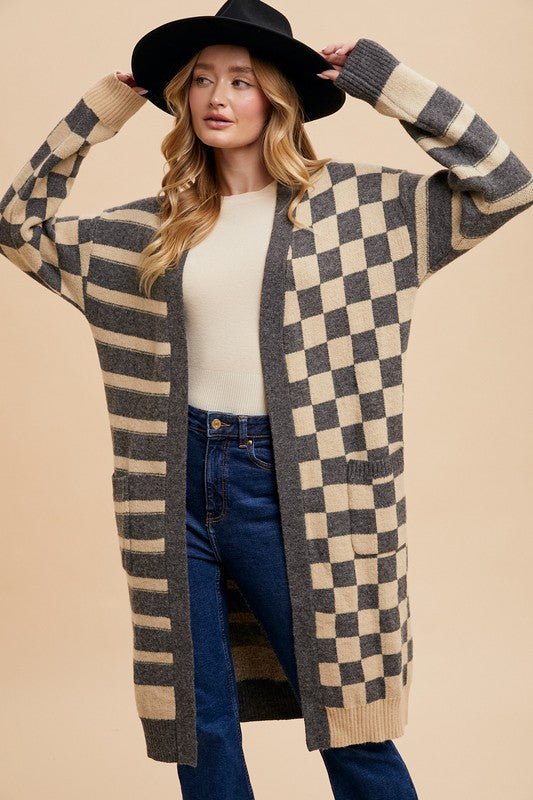 Annie Wear Checkered & Striped Open Front Long Sleeve Cardigan - Bold Rose Boutique