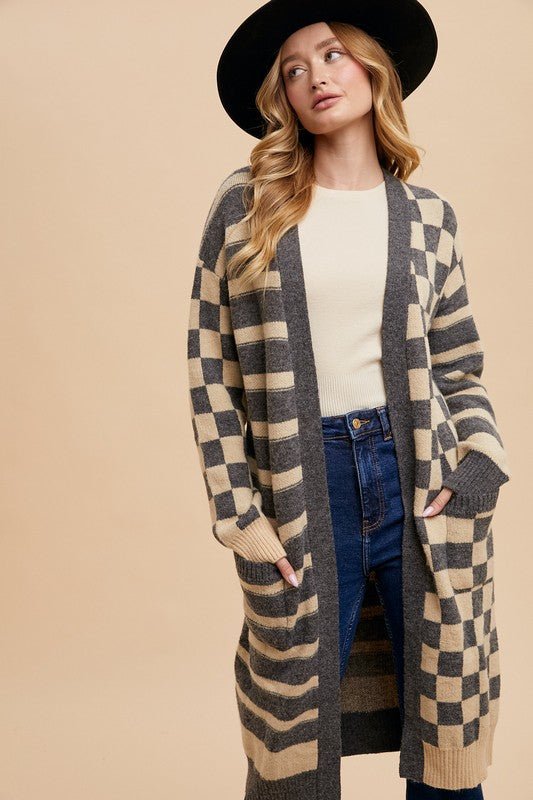 Annie Wear Checkered & Striped Open Front Long Sleeve Cardigan - Bold Rose Boutique