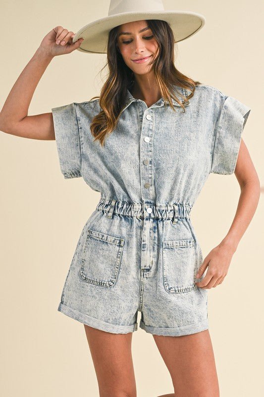 Annie Wear Elastic Waistband Short Sleeve Denim Romper - Bold Rose Boutique