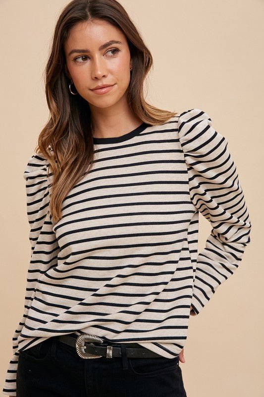 Annie Wear Striped Round Neck Puff Sleeve French Terry Top - Bold Rose Boutique