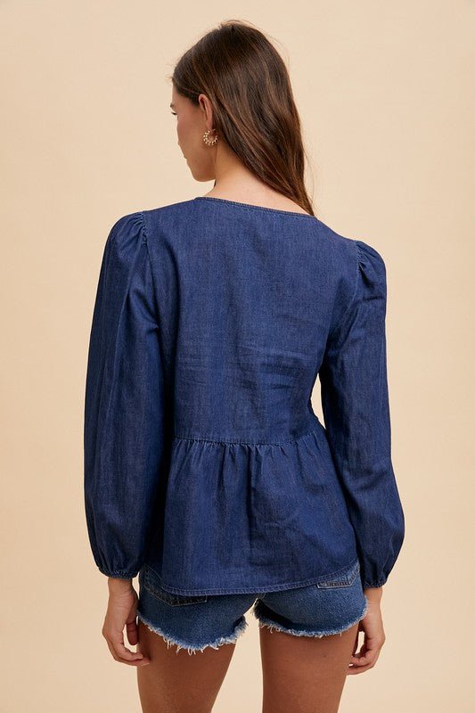 Annie Wear Tie Front Peplum Long Sleeve Denim Top - Bold Rose Boutique