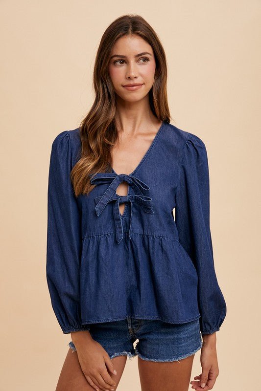 Annie Wear Tie Front Peplum Long Sleeve Denim Top - Bold Rose Boutique