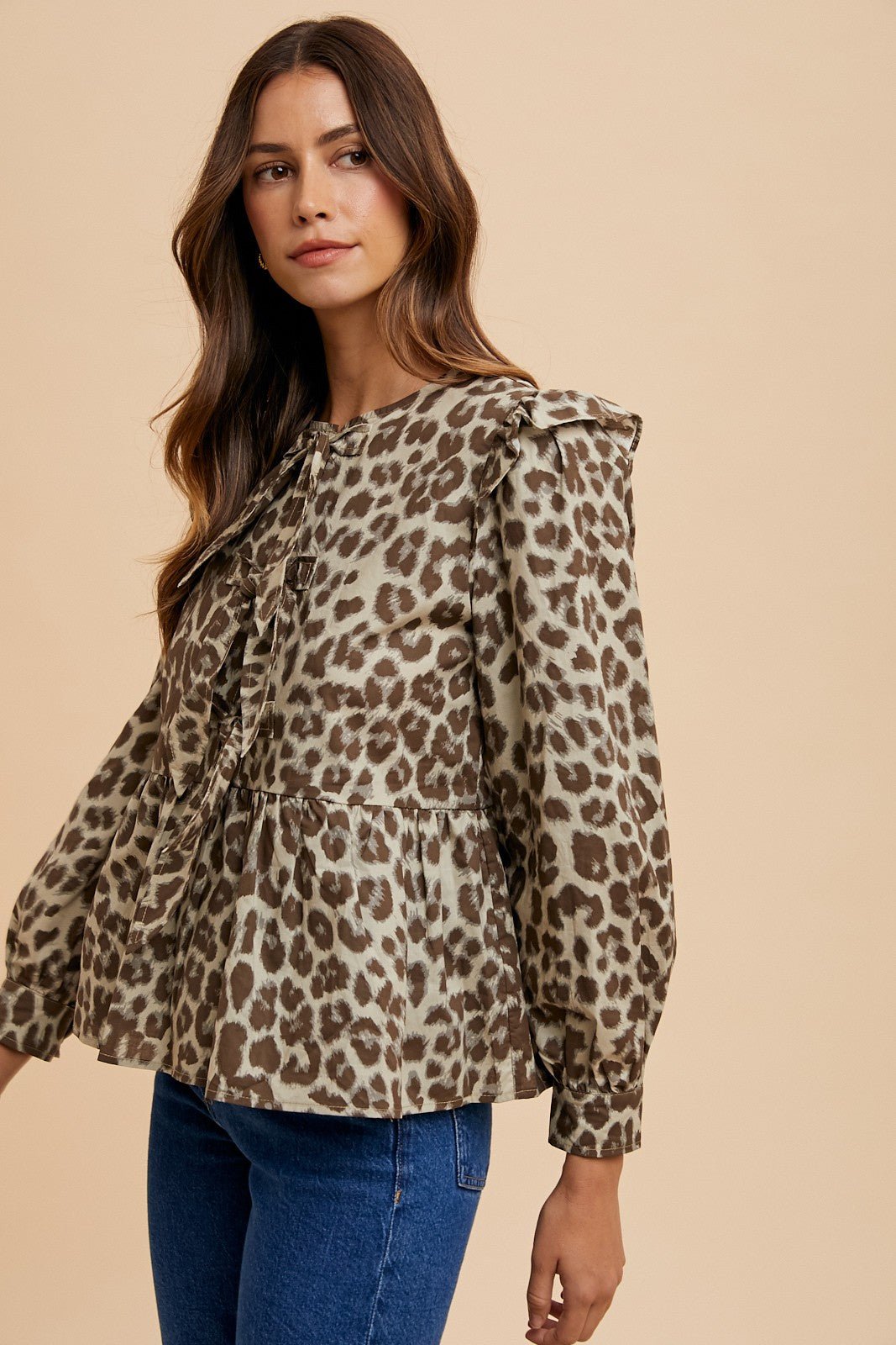 Annie Wear Tied Leopard Round Neck Peplum Blouse - Bold Rose Boutique