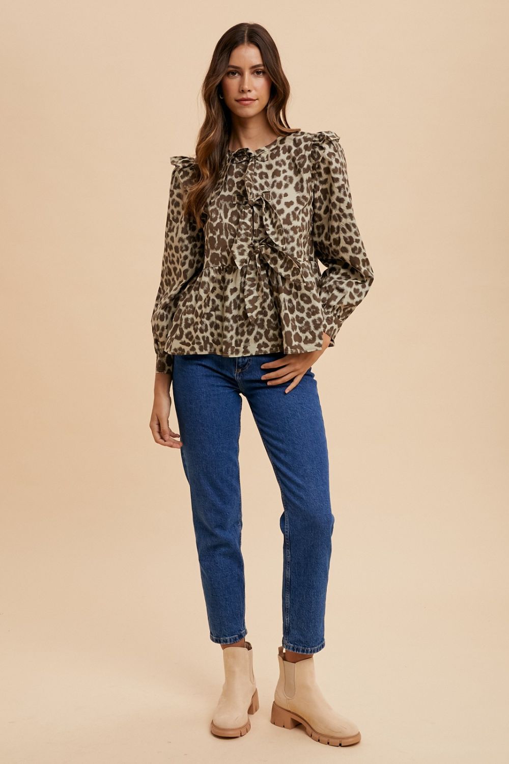 Annie Wear Tied Leopard Round Neck Peplum Blouse - Bold Rose Boutique