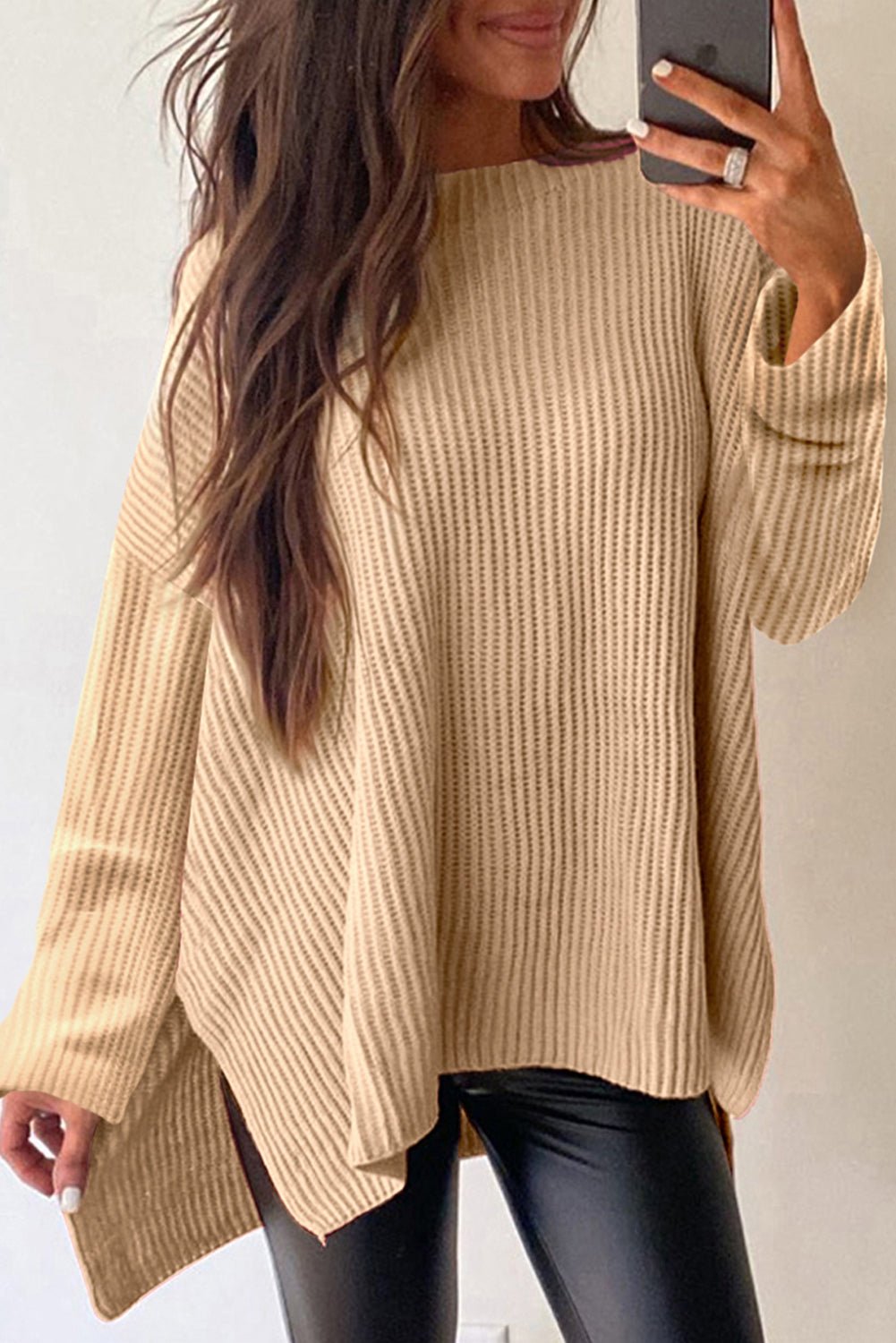 Apricot Cable Knit Drop Shoulder Side Slits Loose Sweater - Bold Rose Boutique