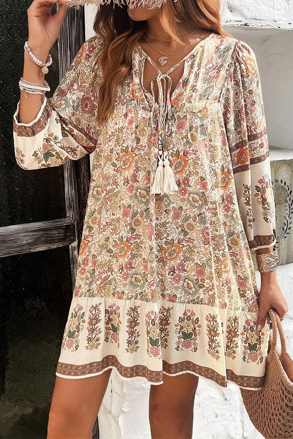 Apricot Floral Print Tassel Drawstring V Neck Loose Mini Dress - Bold Rose Boutique