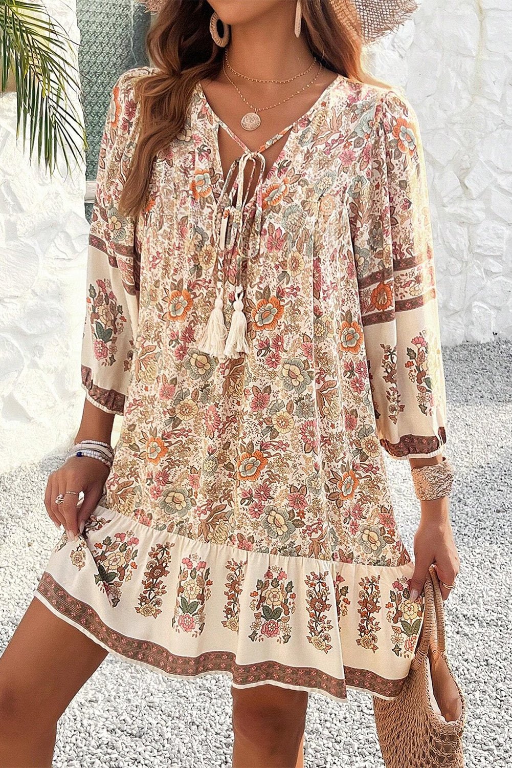 Apricot Floral Print Tassel Drawstring V Neck Loose Mini Dress - Bold Rose Boutique