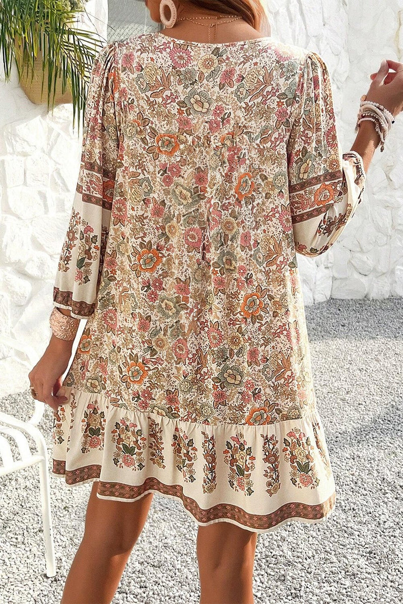 Apricot Floral Print Tassel Drawstring V Neck Loose Mini Dress - Bold Rose Boutique