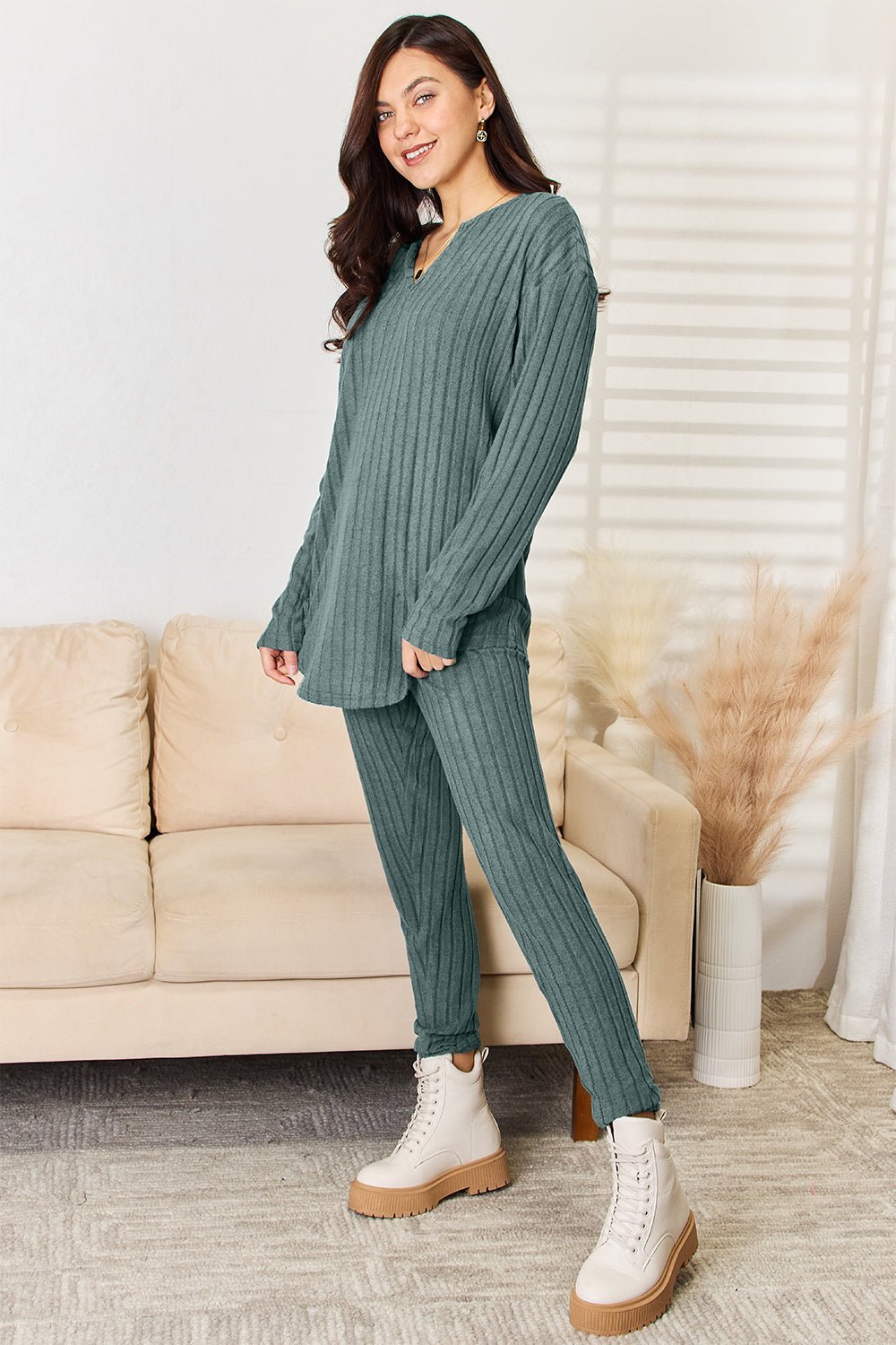 Basic Bae Full Size Notched Long Sleeve Top and Pants Set - Bold Rose Boutique