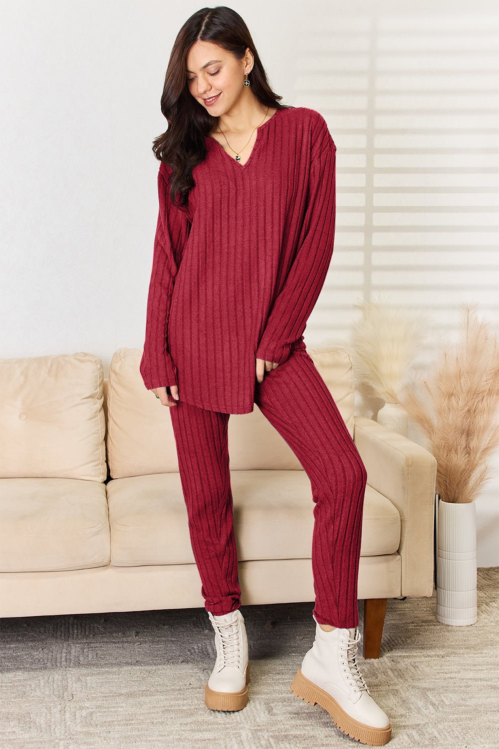 Basic Bae Full Size Notched Long Sleeve Top and Pants Set - Bold Rose Boutique