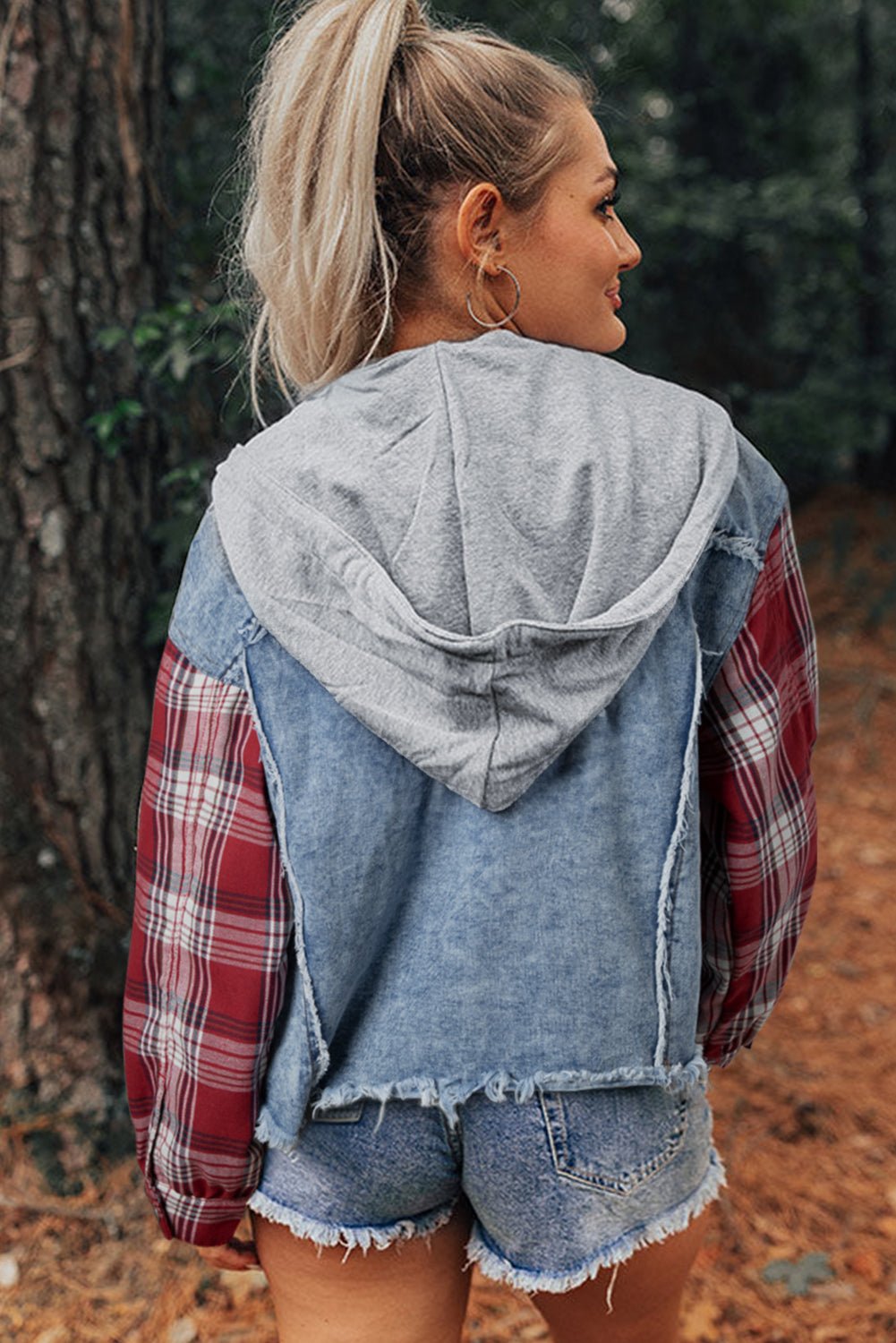 Beau Blue Plaid Print Patchwork Hooded Raw Hem Denim Jacket - Bold Rose Boutique