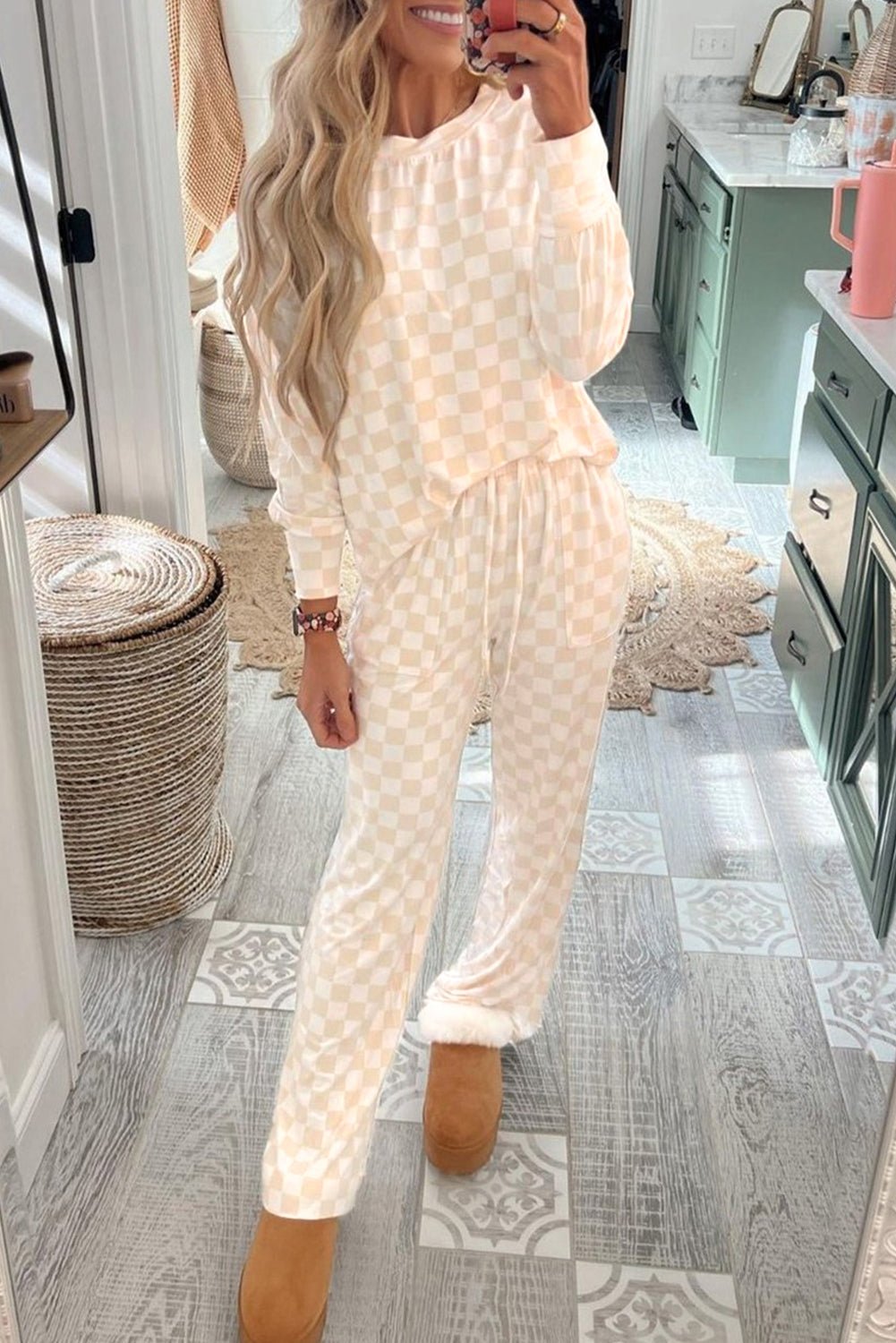 Beige Checkered Print Long Sleeve Top and Pants Lounge Set - Bold Rose Boutique