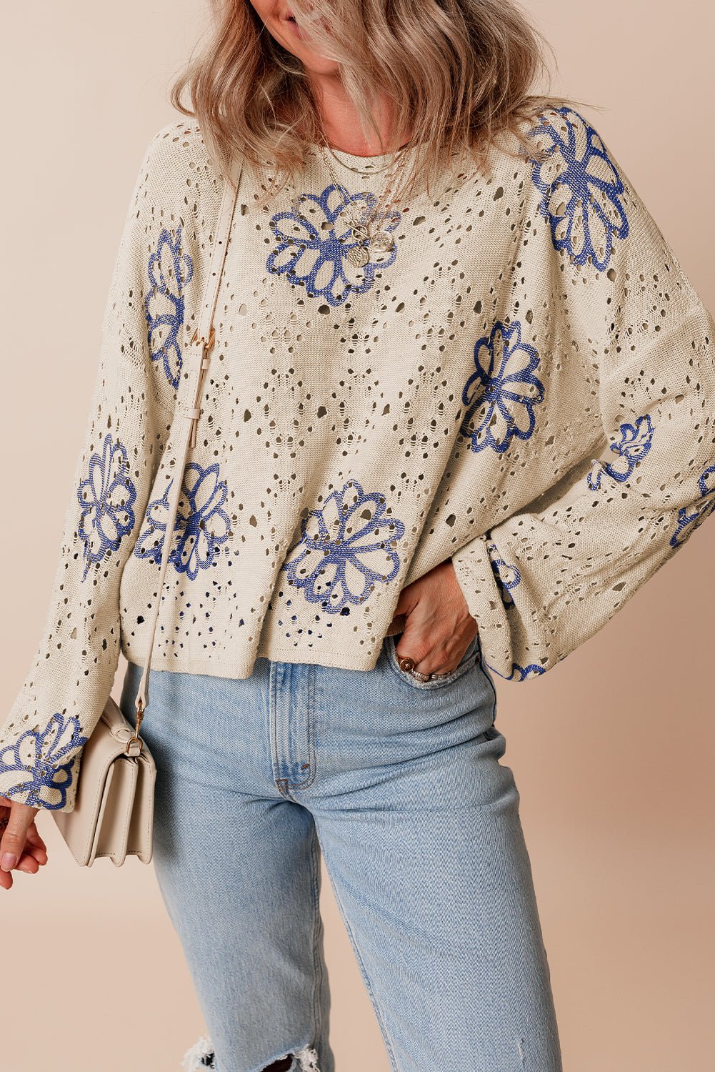 Beige Contrast Flower Print Eyelet Drop Shoulder Sweater - Bold Rose Boutique