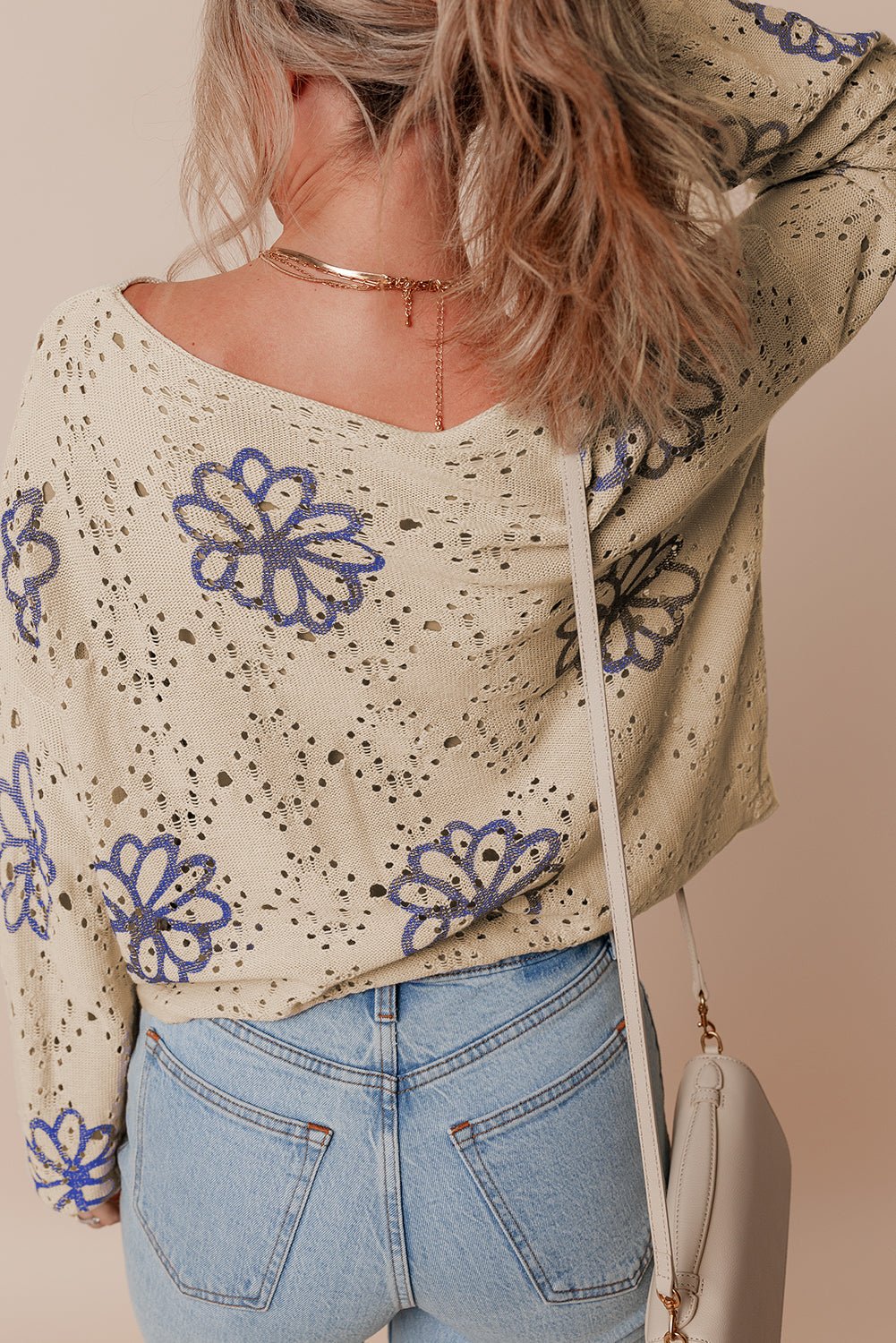 Beige Contrast Flower Print Eyelet Drop Shoulder Sweater - Bold Rose Boutique