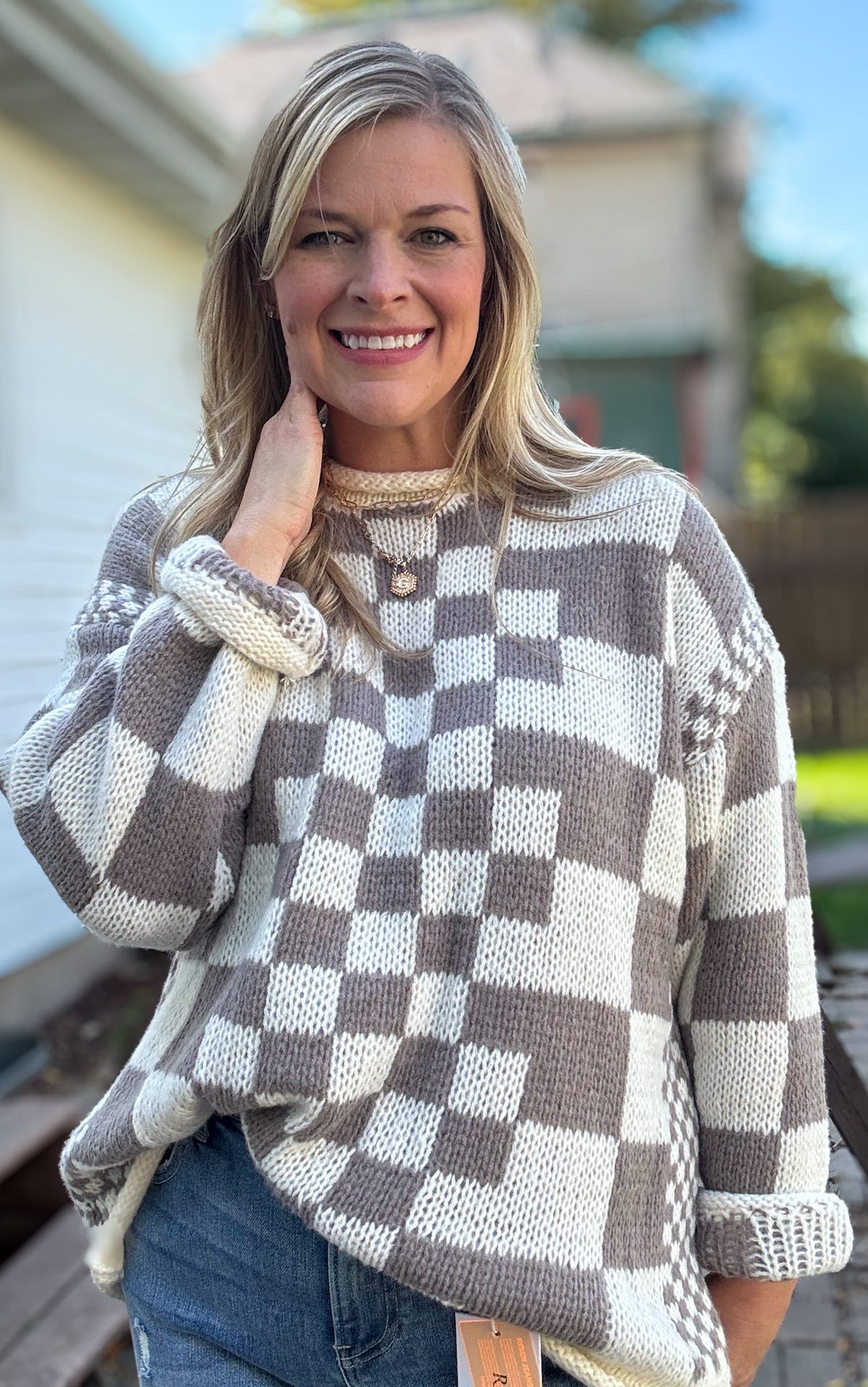 BiBi Checkered Contrast Chunky Sweater - Bold Rose Boutique