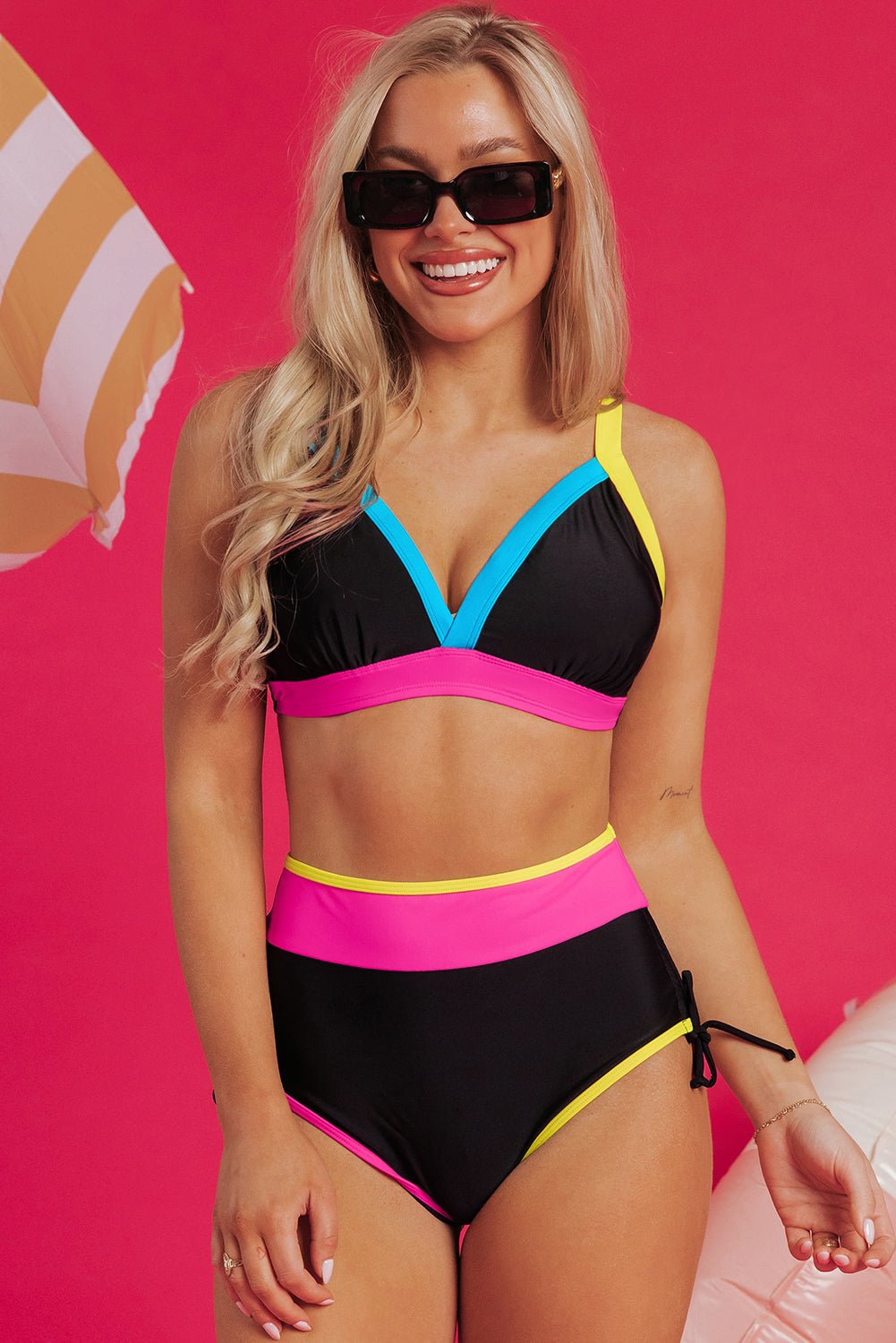 Black Color Block Drawstring Side V Neck High Waist Bikini Set - Bold Rose Boutique