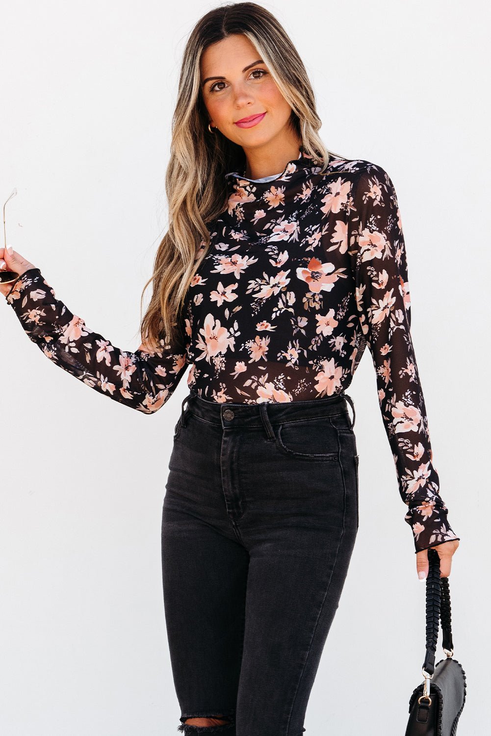 Black Floral Mesh Mock Neck Long Sleeve Slim Fit Top - Bold Rose Boutique