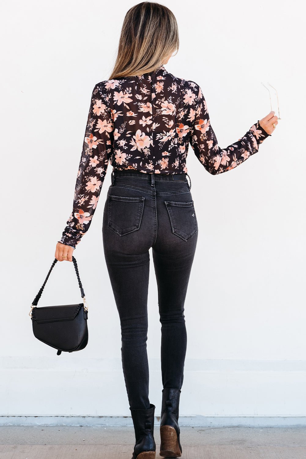 Black Floral Mesh Mock Neck Long Sleeve Slim Fit Top - Bold Rose Boutique