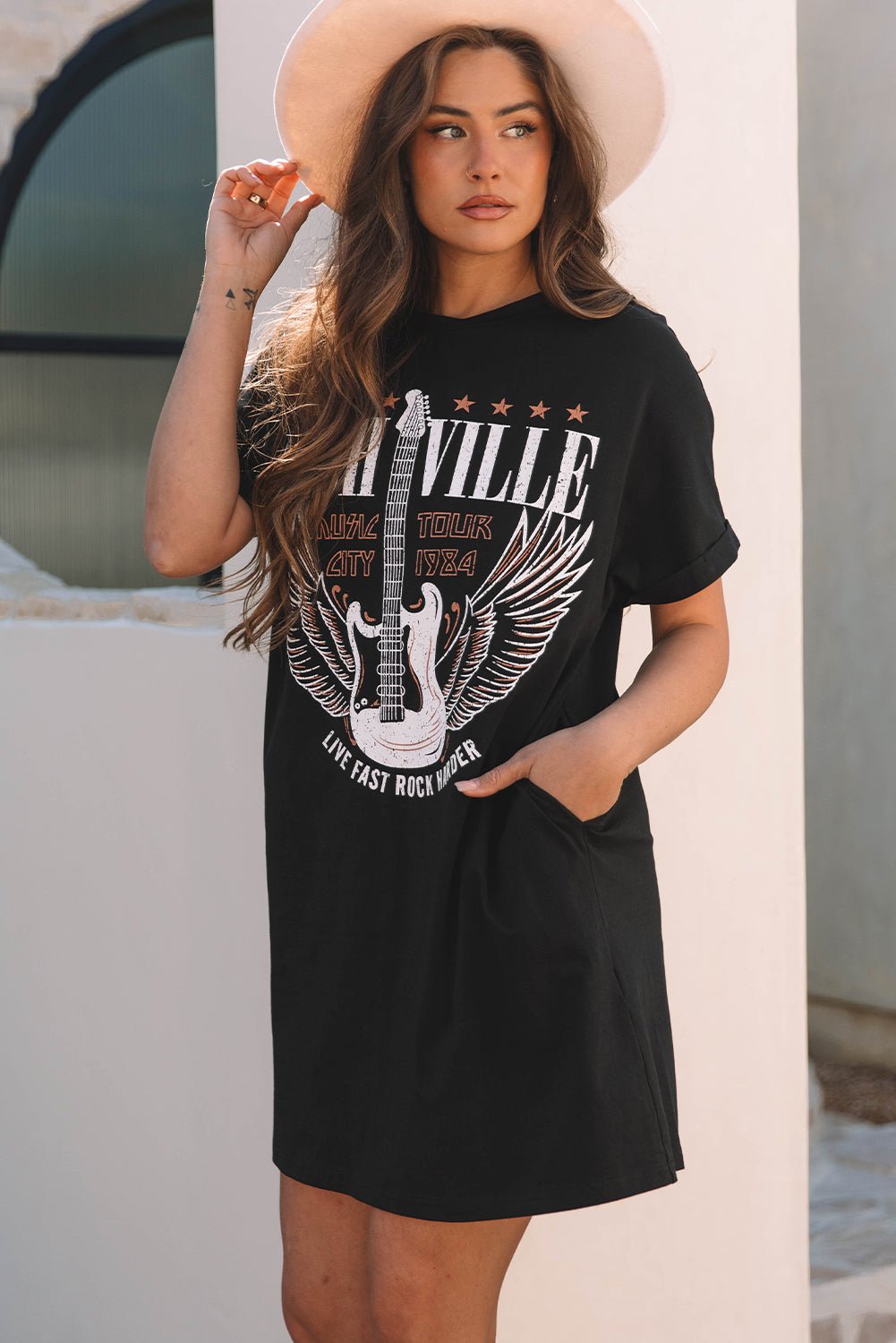 Black Nashville Guitar Print Crew Neck T Shirt Mini Dress - Bold Rose Boutique