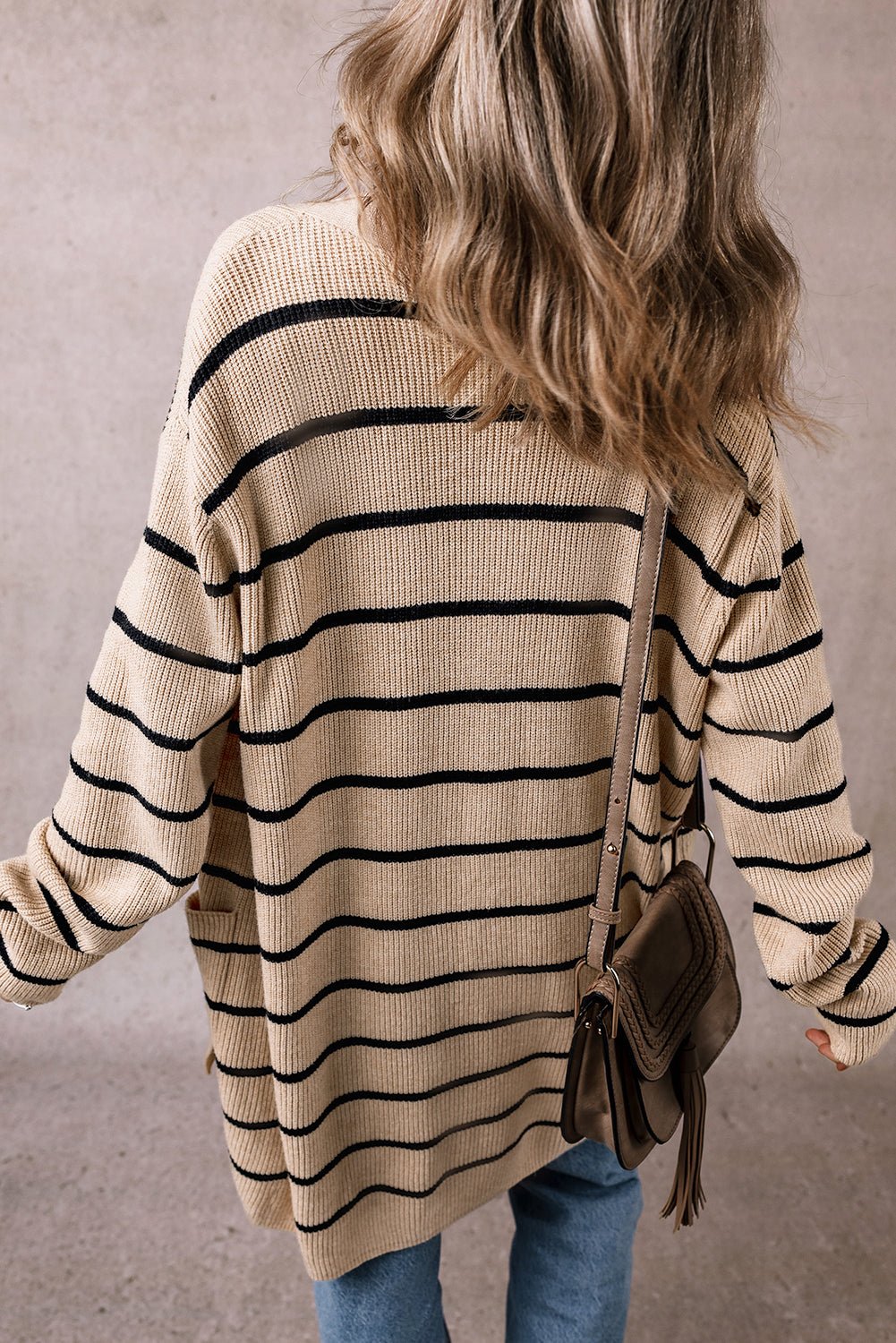 Black Stripe Shawl Neckline Open Cardigan with Pockets - Bold Rose Boutique