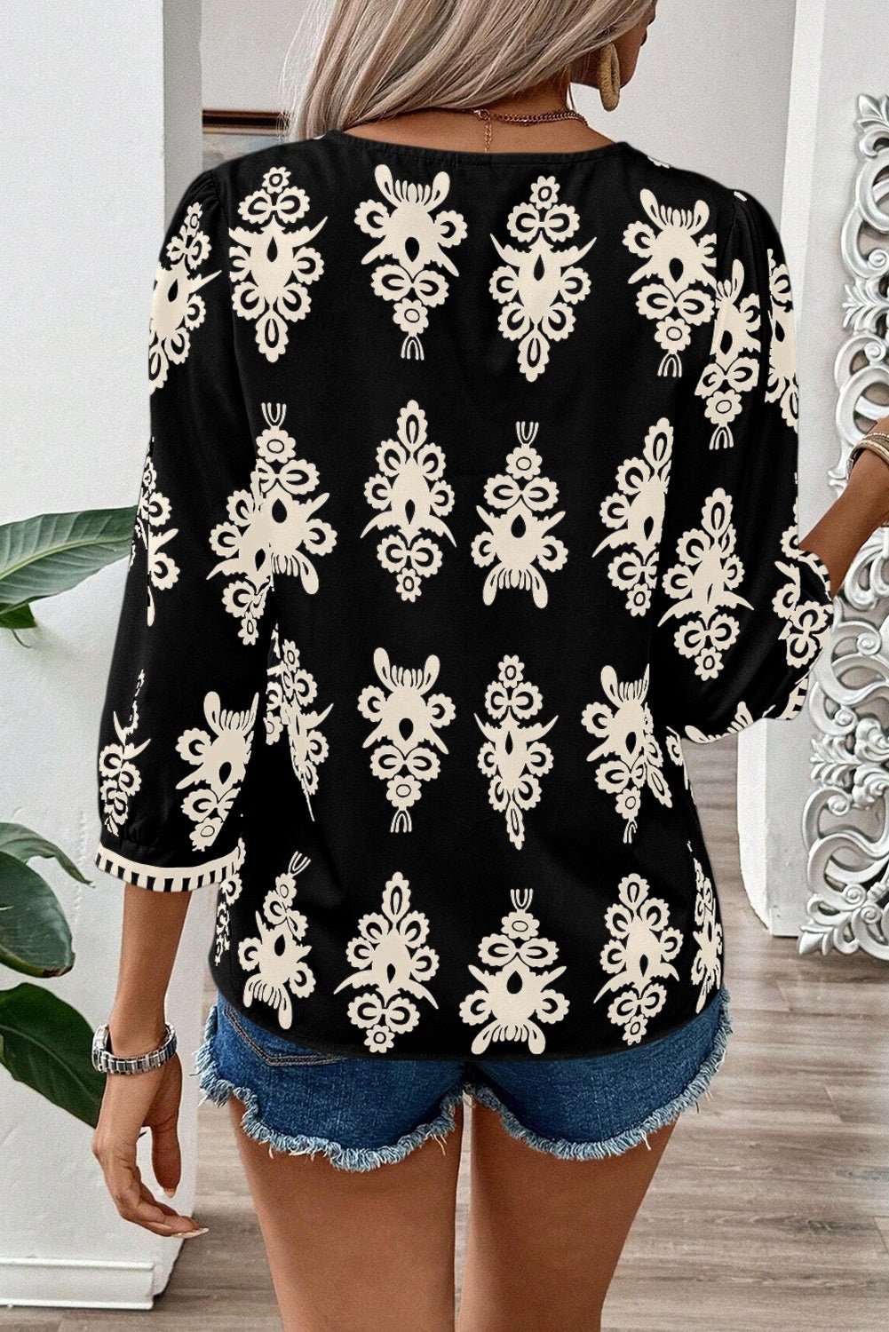 Black Vintage Geometric Printed 3/4 Sleeve V Neck Blouse - Bold Rose Boutique