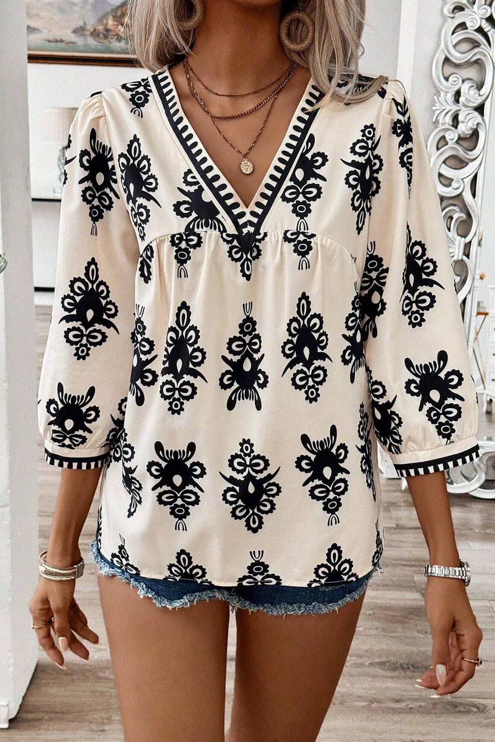 Black Vintage Geometric Printed 3/4 Sleeve V Neck Blouse - Bold Rose Boutique