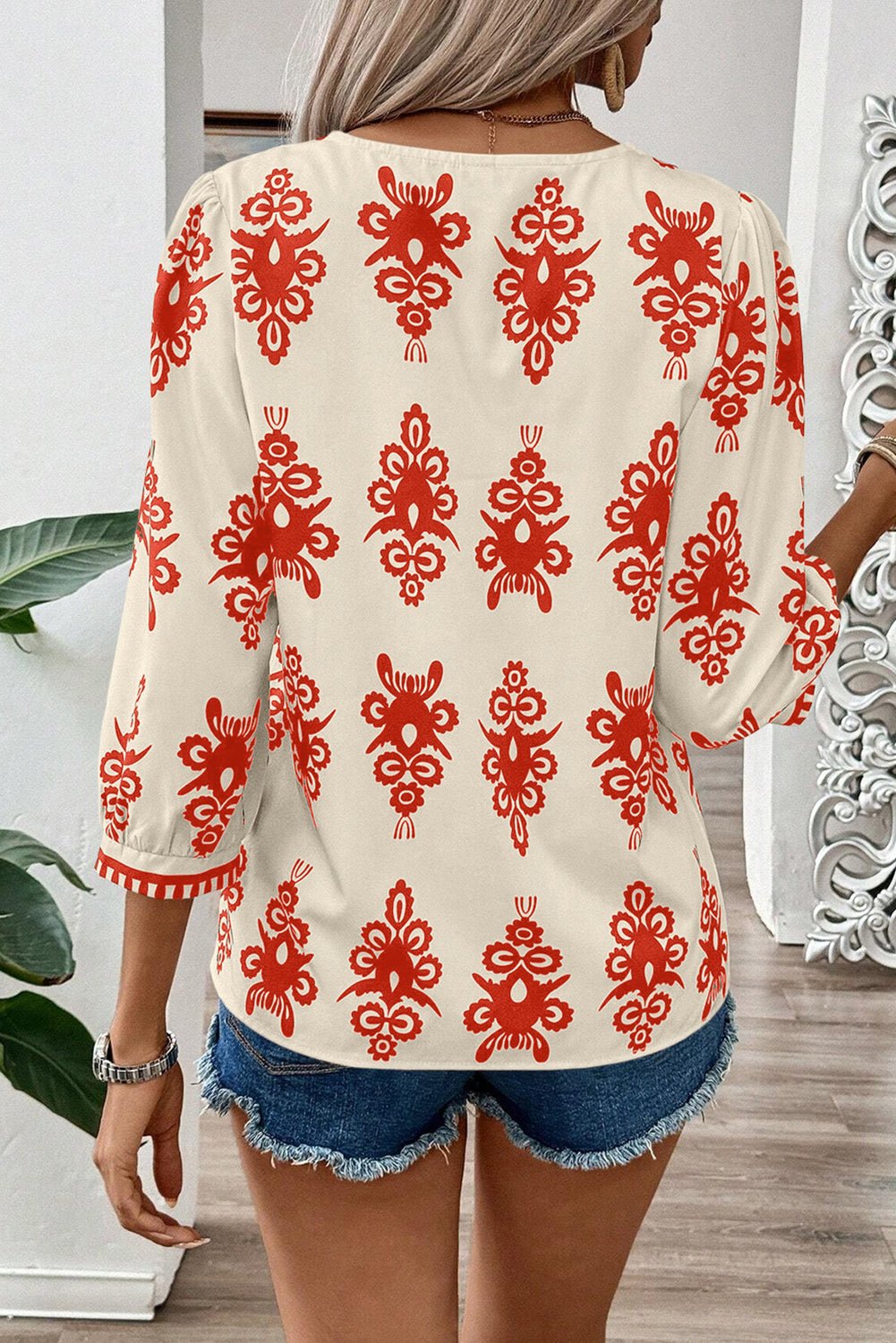 Black Vintage Geometric Printed 3/4 Sleeve V Neck Blouse - Bold Rose Boutique