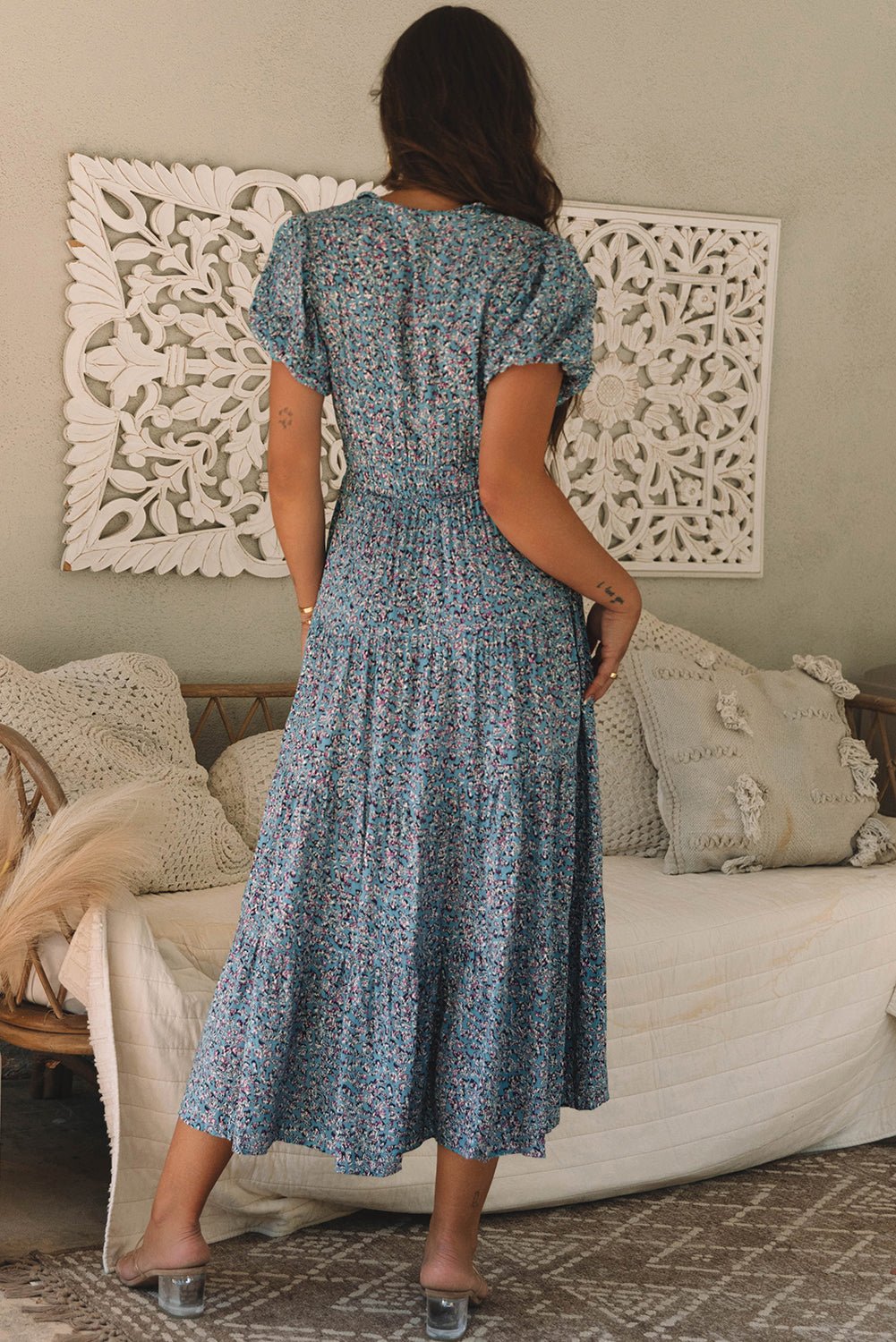 Blue Printed V Neck Shirred Short Puff Sleeve Maxi Dress - Bold Rose Boutique