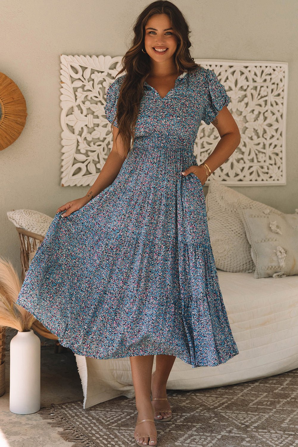 Blue Printed V Neck Shirred Short Puff Sleeve Maxi Dress - Bold Rose Boutique