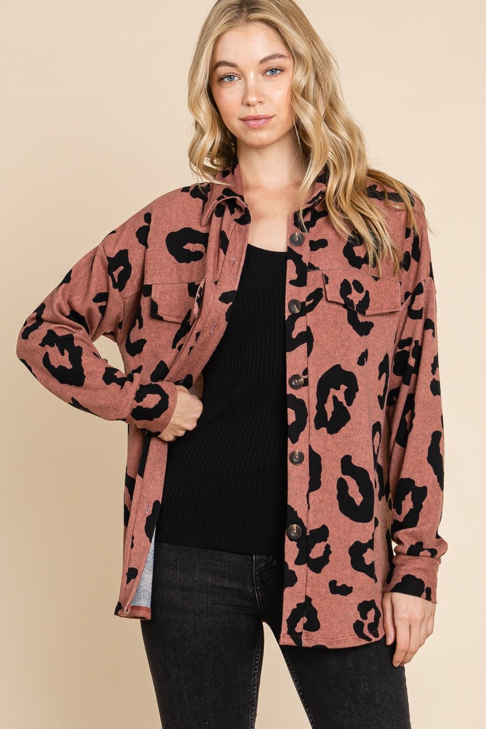 BOMBOM Animal Print Button Up Knit Shacket - Bold Rose Boutique