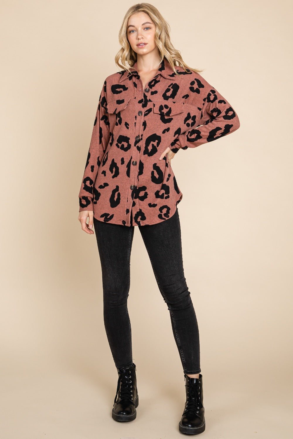 BOMBOM Animal Print Button Up Knit Shacket - Bold Rose Boutique