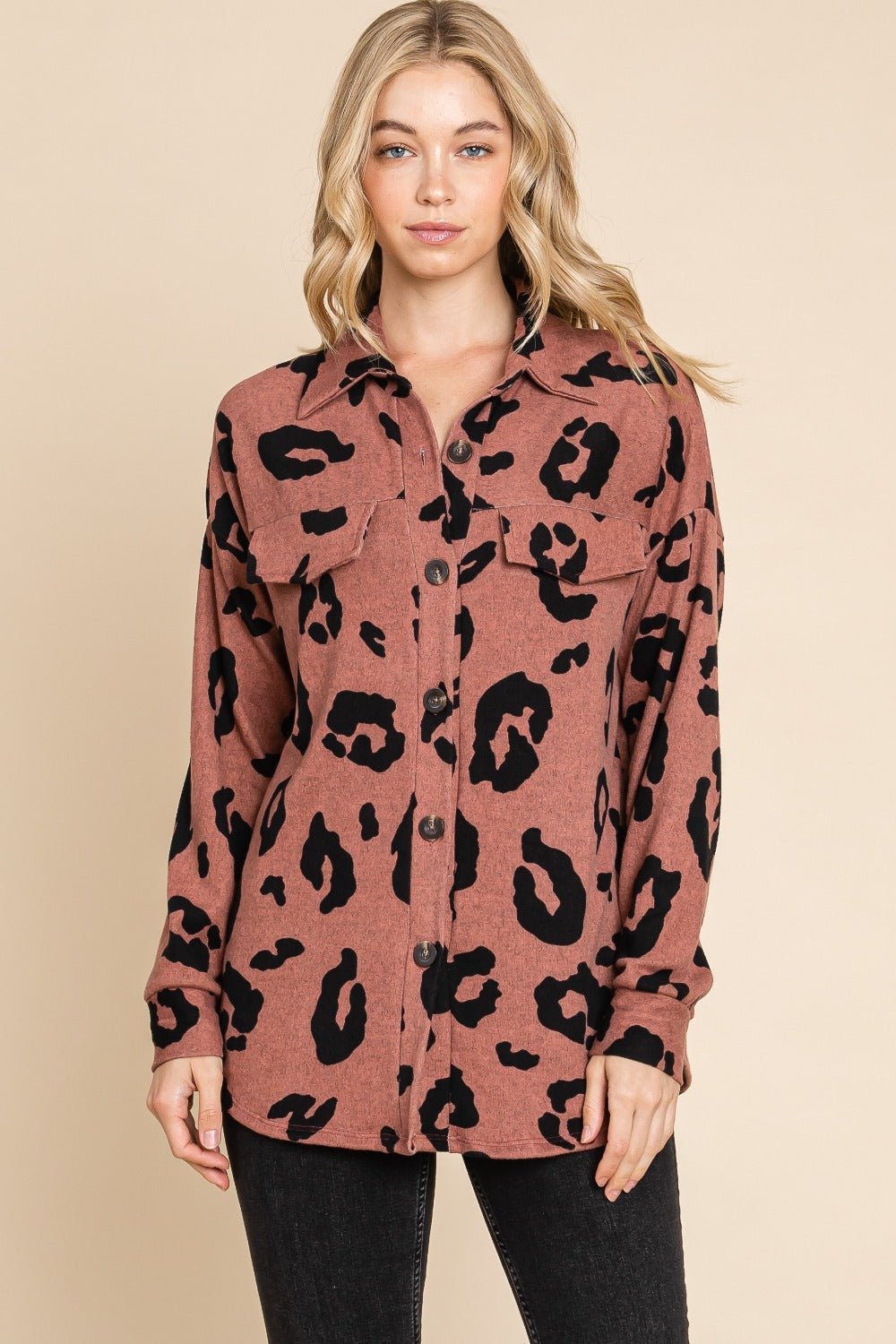 BOMBOM Animal Print Button Up Knit Shacket - Bold Rose Boutique