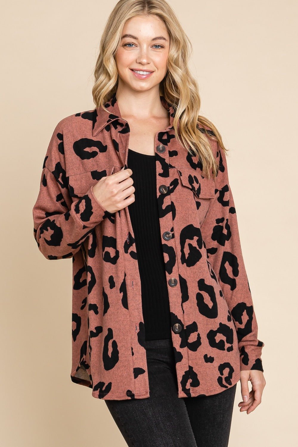 BOMBOM Animal Print Button Up Knit Shacket - Bold Rose Boutique