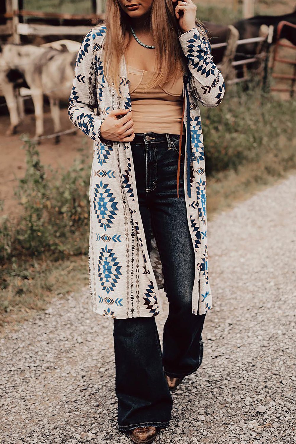 Brown Western Aztec Printed Open Front Long Cardigan - Bold Rose Boutique