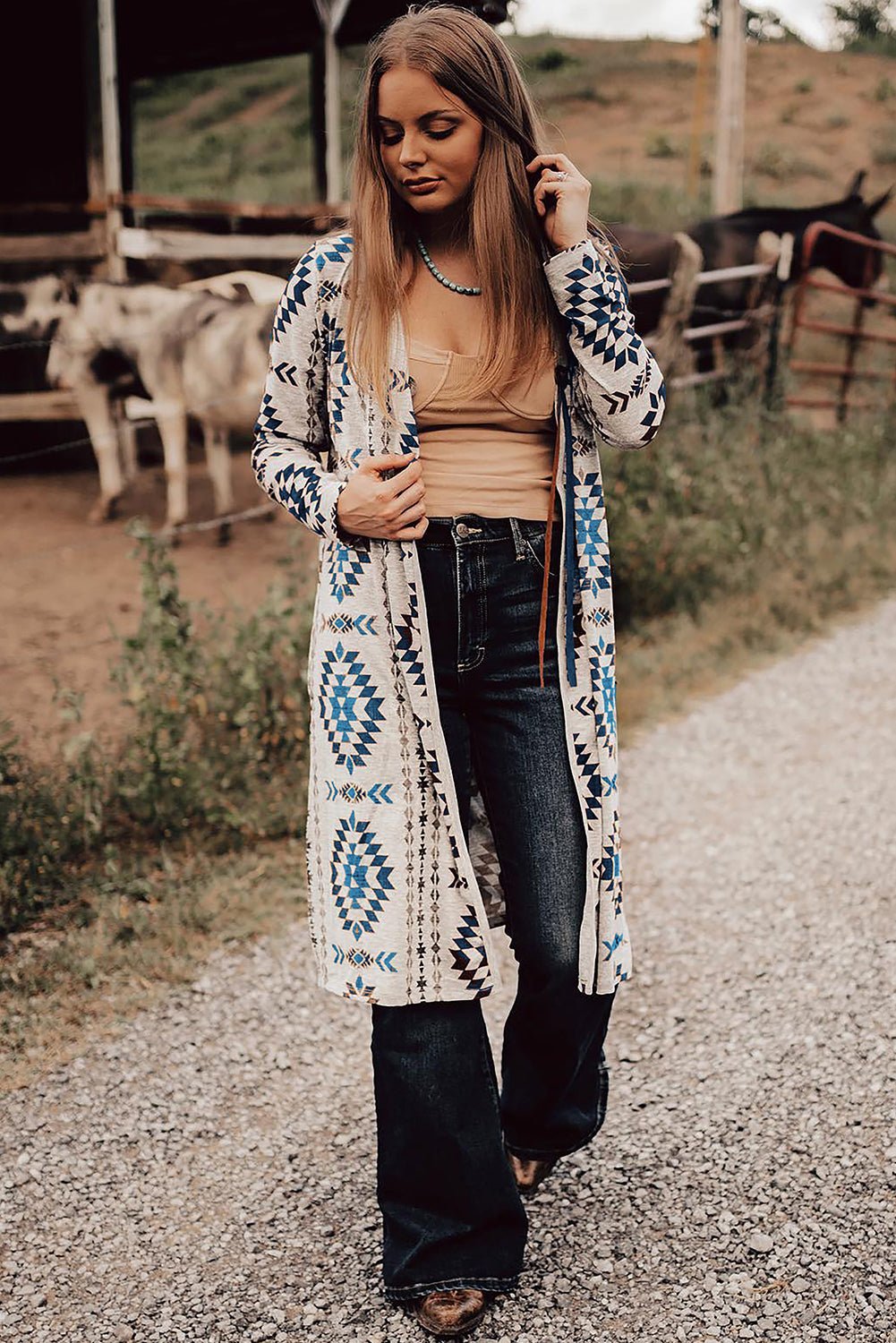 Brown Western Aztec Printed Open Front Long Cardigan - Bold Rose Boutique