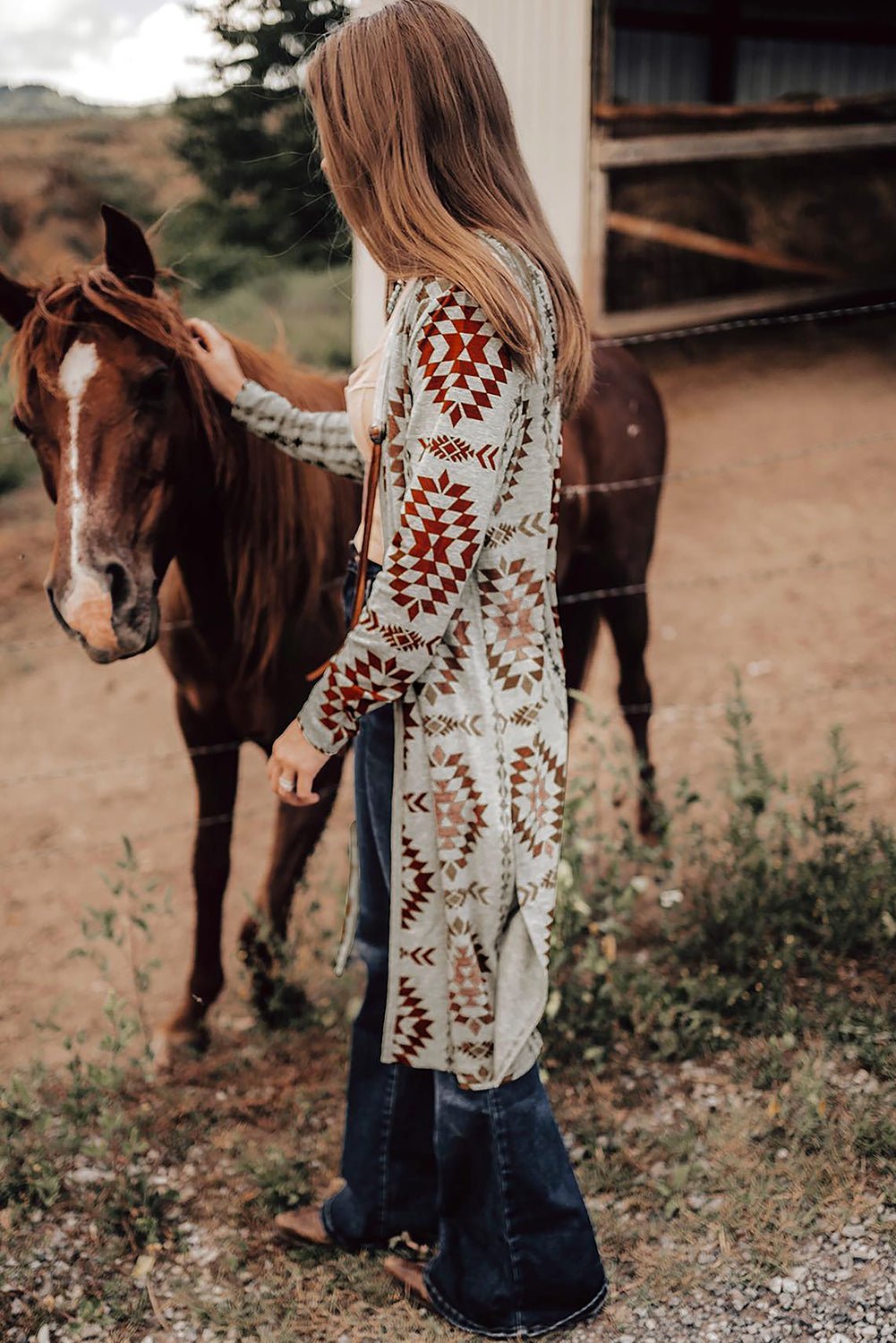 Brown Western Aztec Printed Open Front Long Cardigan - Bold Rose Boutique