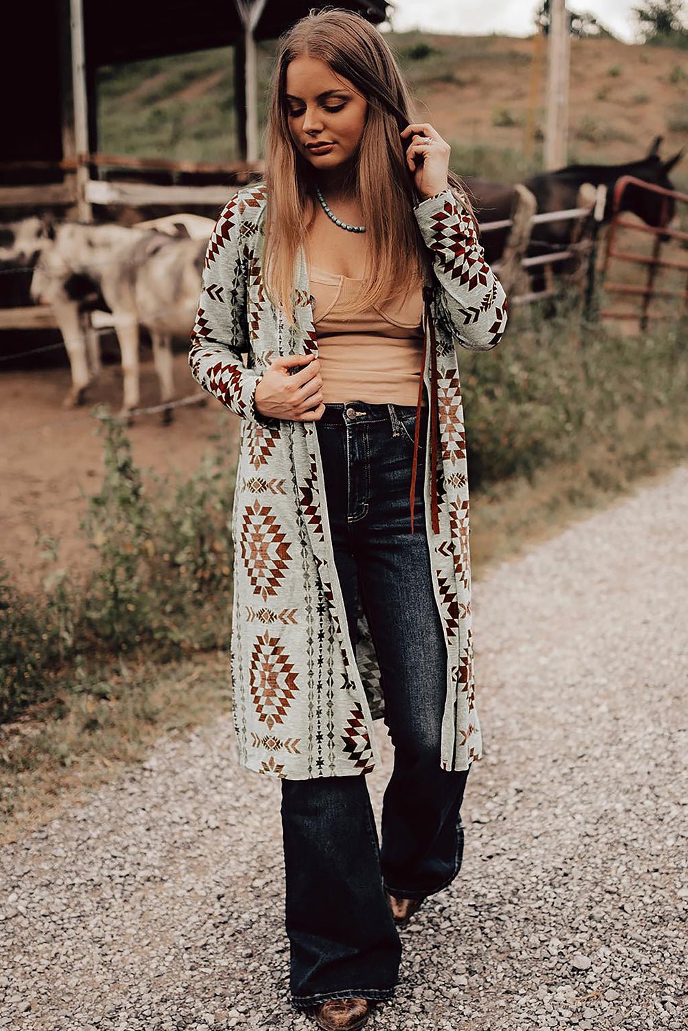 Brown Western Aztec Printed Open Front Long Cardigan - Bold Rose Boutique