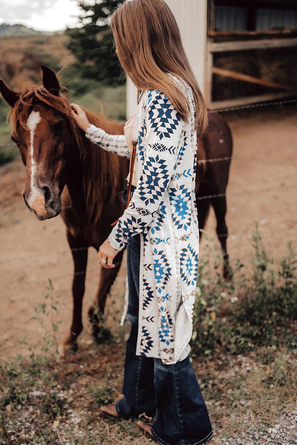 Brown Western Aztec Printed Open Front Long Cardigan - Bold Rose Boutique