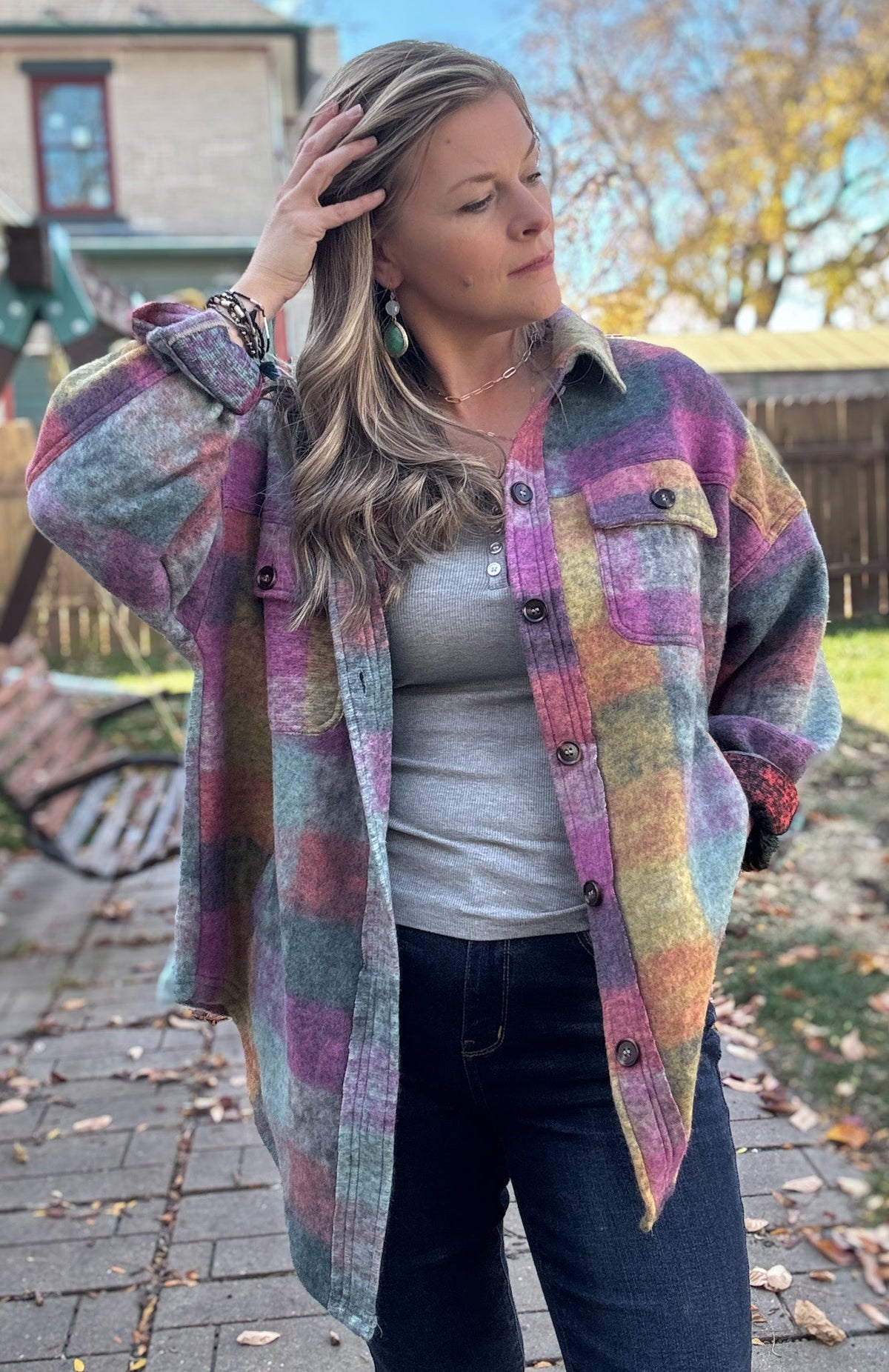 Button Up Plaid Shacket with Pockets - Bold Rose Boutique