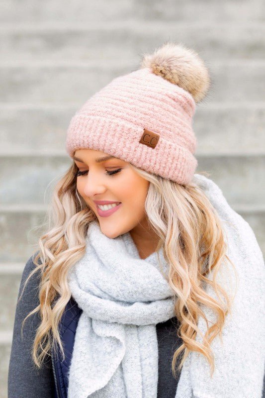 CC Ultra Soft Fur Pom Beanie - Bold Rose Boutique