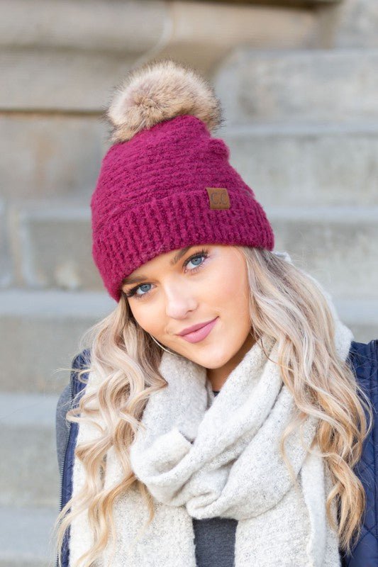 CC Ultra Soft Fur Pom Beanie - Bold Rose Boutique