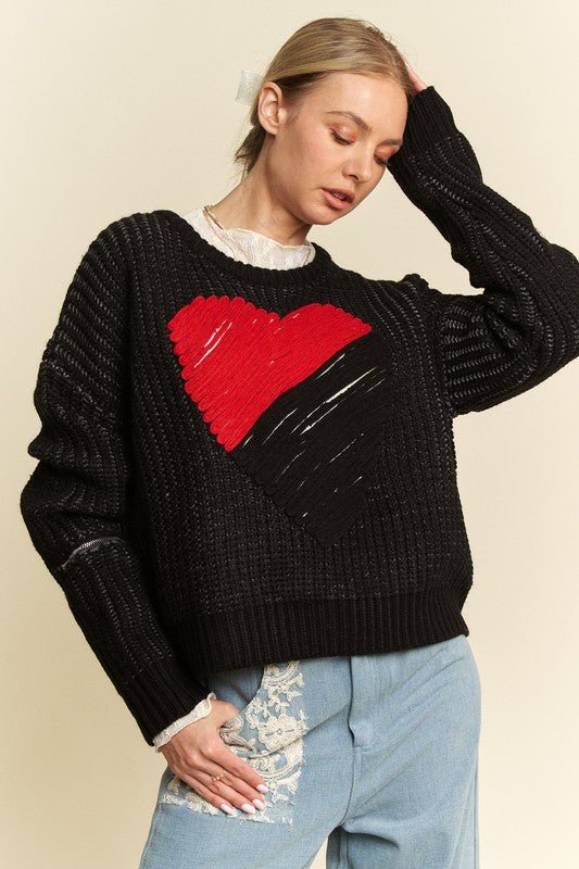 Davi & Dani Contrast Heart Dropped Shoulder Sweater - Bold Rose Boutique